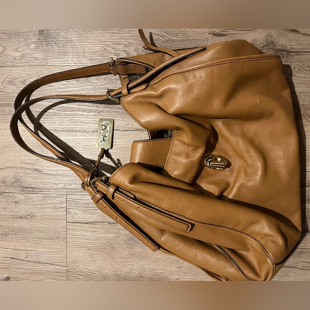 Coach leather bag, vintage, with interior signature pattern, side by side pouch